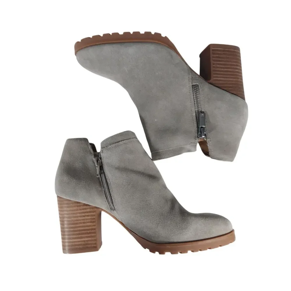 NWOT! LUCKY BRAND! GRAY GENUINE LEATHER DOUBLE ZIP, STACK HEEL ANKLE BOOTS! 7.5M
